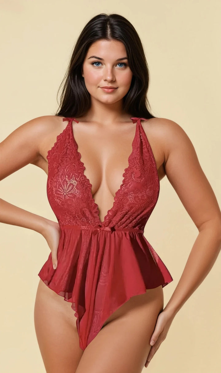 Noir Reveal — Sheer Lace Plunge Bodysuit