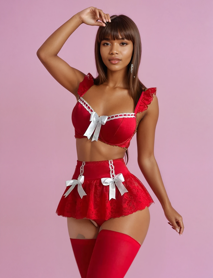 Crimson Allure — Bow-Detail Sheer Mini Set