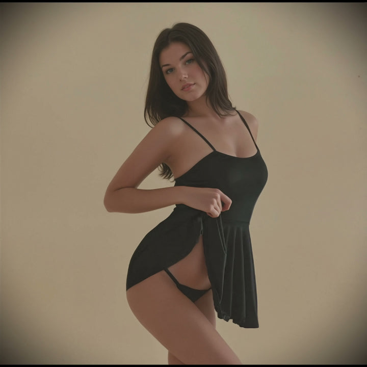 Woman wearing a black slip dress against a plain background