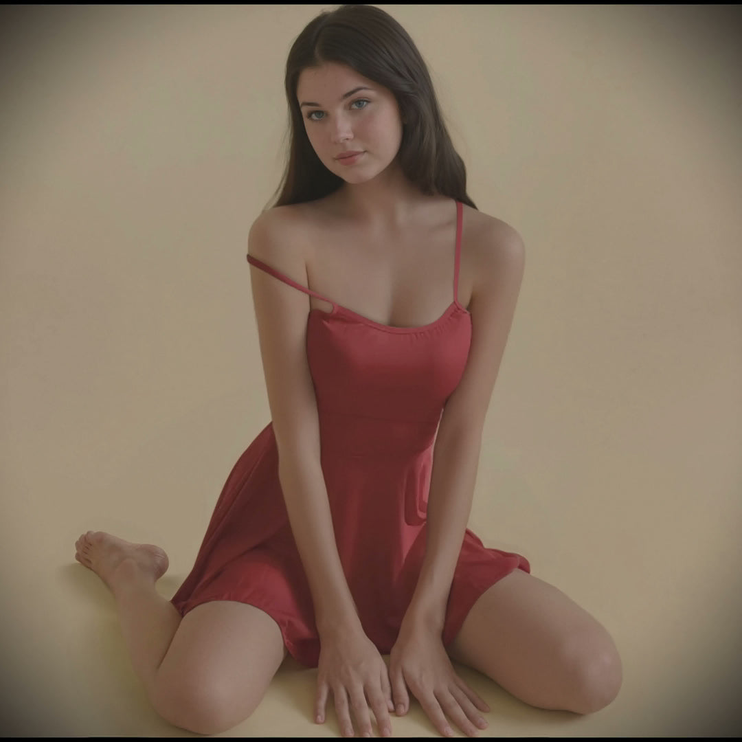 Woman in a red dress sitting on a beige background